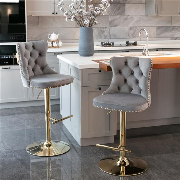 Furniture,Golden Swivel Velvet Barstools Adjusatble Seat Height from 25-33 Inch, Modern Upholstered Bar Stools with Backs Comfortable Tufted for Home Pub and Kitchen Island（Gray,Set of 2）