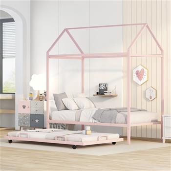 Twin Size Kids House Bed With Trundle, Metal House Bed Pink