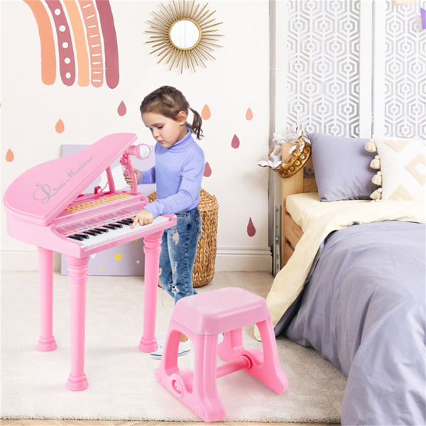 Pink Kids Piano 31 Keys Kids Piano Keyboard with Stool and Piano Lid