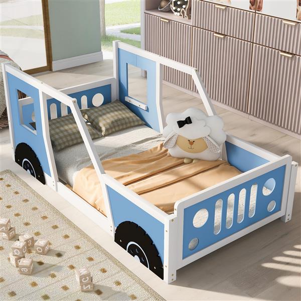 Twin Size Classic Car-Shaped Platform Bed with Wheels,Blue