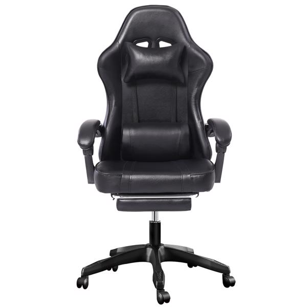 Ergonomic Gaming Chair with Footrest, Comfortable Computer Chair for Heavy People, Adjustable Lumbar Desk Office Chair with 360°-Swivel Seat, PU Leather Video Game Chairs for Adults, Black