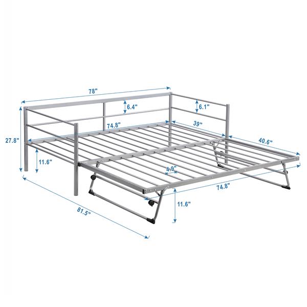 Twin Size Metal Daybed with Adjustable Trundle, Pop Up Trundle, Silver