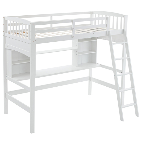 Loft bed with shelf with desk inclined ladder white twin wooden bed pine particle board N101 USA