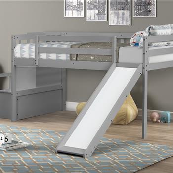 Loft Bed with Staircase, Storage, Slide, Twin size, Full-length Safety Guardrails, No Box Spring Needed, Grey