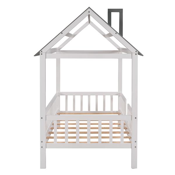 Twin Size Wood House Bed with Fence, White+Gray