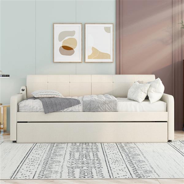 Twin Size Upholstery Daybed with Trundle and USB Charging Design,Trundle can be flat or erected,Beige