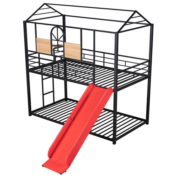 Twin Over Twin Metal Bunk Bed ,Metal Housebed With Slide,Three Colors Available.(Black with Red Slide)