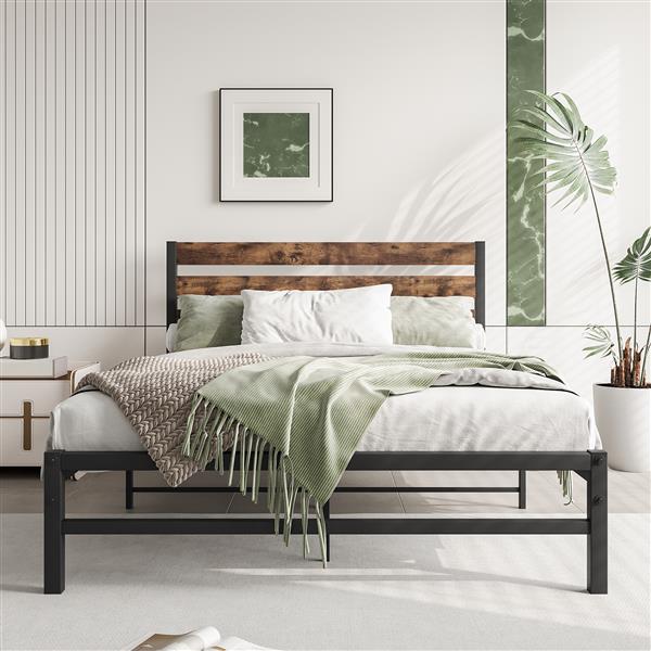 Full Size Platform Bed Frame with Rustic Vintage Wood Headboard, Strong Metal Slats Support Mattress Foundation, No Box Spring Needed Rustic Brown