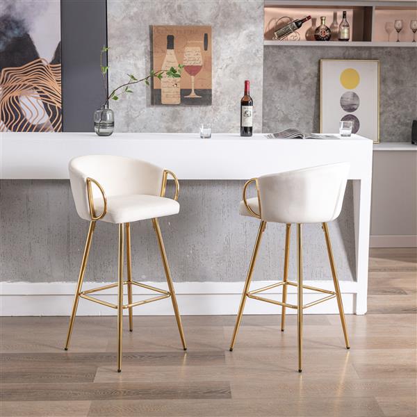 30 Inch Set of 2 Bar Stools,with Chrome Footrest and Base Velvet + Golden Leg Simple Bar Stool,CREAM