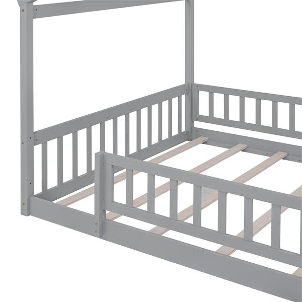 Full Size Wood Bed House Bed Frame with Fence, for Kids, Teens, Girls, Boys,Gray