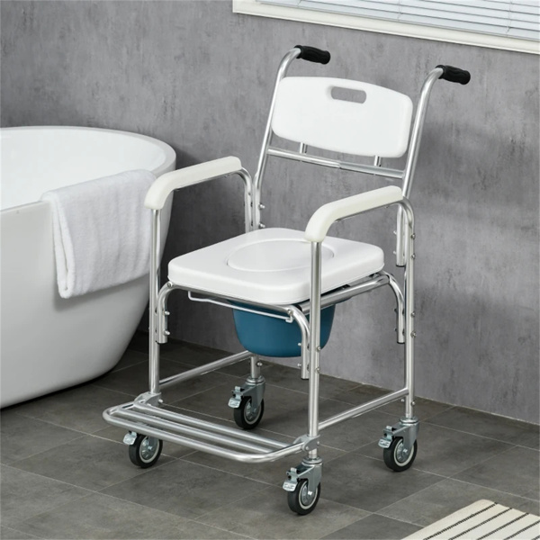 Shower Commode Wheelchair,  Waterproof Rolling Over Toilet Chair with Padded Seat