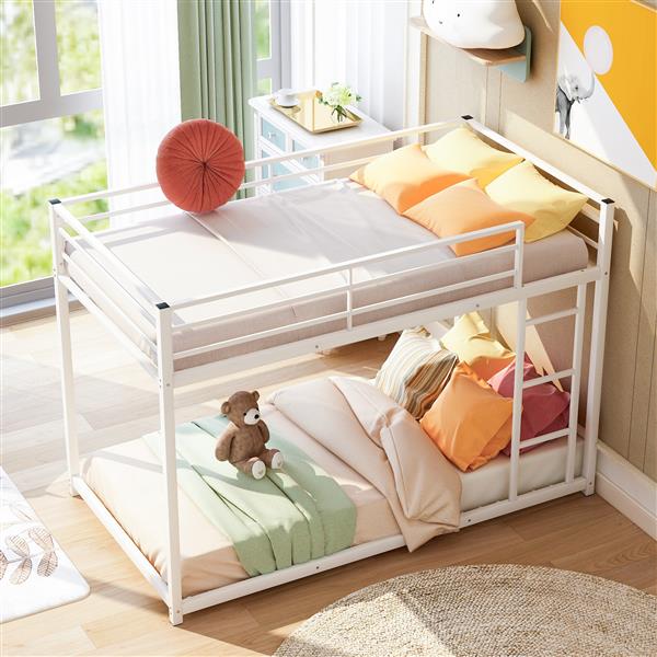 Twin over Twin Metal Bunk Bed, Low Bunk Bed with Ladder,White