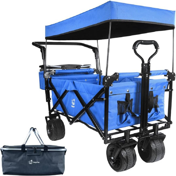 Collapsible Wagon Heavy Duty Folding Wagon Cart with Removable Canopy, 4" Wide Large All Terrain Wheels, Brake, Adjustable Handles,Cooler Bag Utility Carts for Outdoor Garden Wagons Carts Beach Cart