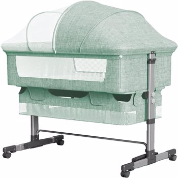 Baby Bassinet Bedside Sleeper 3 in 1 Bedside Crib, Adjustable Portable Bed for Infant/Baby/New born, with Mosquito Nets, Large Storage Bag, Comfortable Mattresses, Lockable Wheels,Green