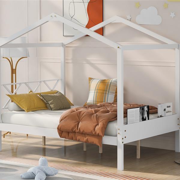 Full Size Wood House Bed with Storage Space, White