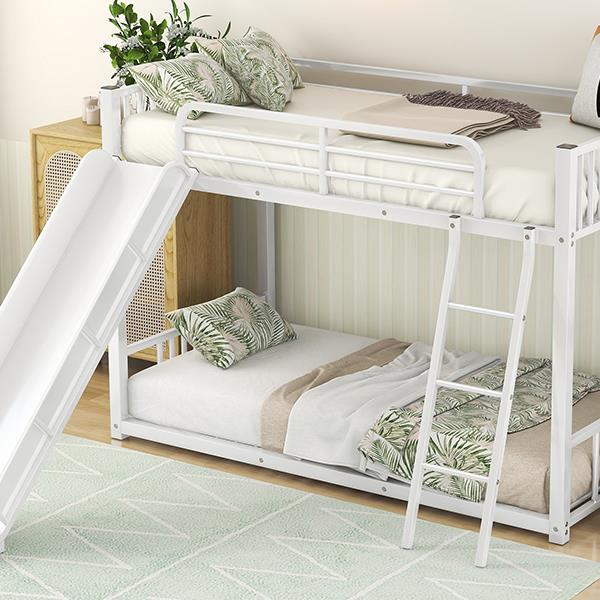 Metal Bunk Bed with Slide, Twin over Twin, White