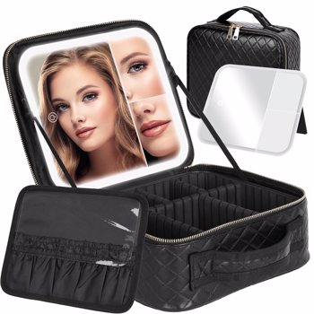Travel Makeup Bag With <b style=\\'color:red\\'>Light</b> Up Mirror, With 2X3X Magnifying Mirror And Adjustable Partitions