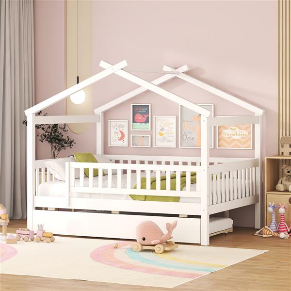 Full Size Wooden House Bed with Twin Size Trundle, White