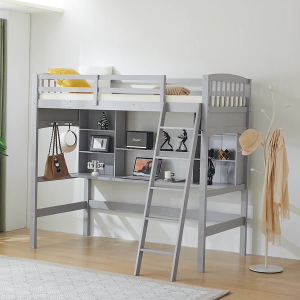 Loft bed with shelf with desk inclined ladder gray twin wooden bed pine particle board