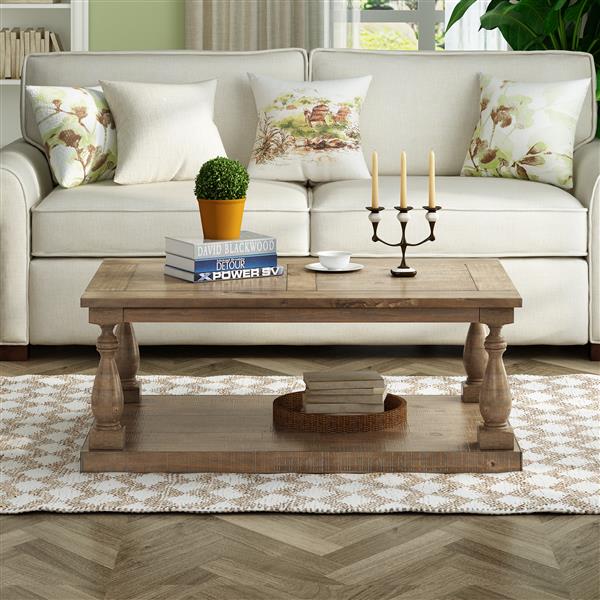 Rustic Floor Shelf Coffee Table with Storage,Solid Pine Wood