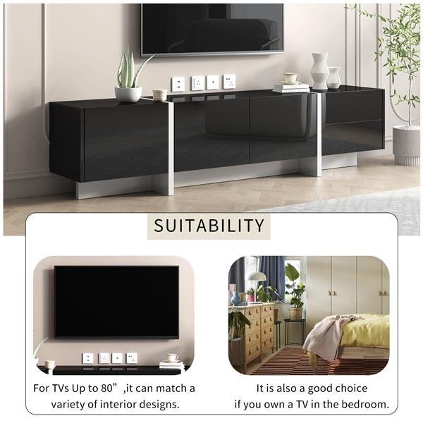 White & Black Contemporary Rectangle Design TV Stand, Unique Style TV Console Table for TVs Up to 80'', Modern TV Cabinet with High Gloss UV Surface for Living Room.