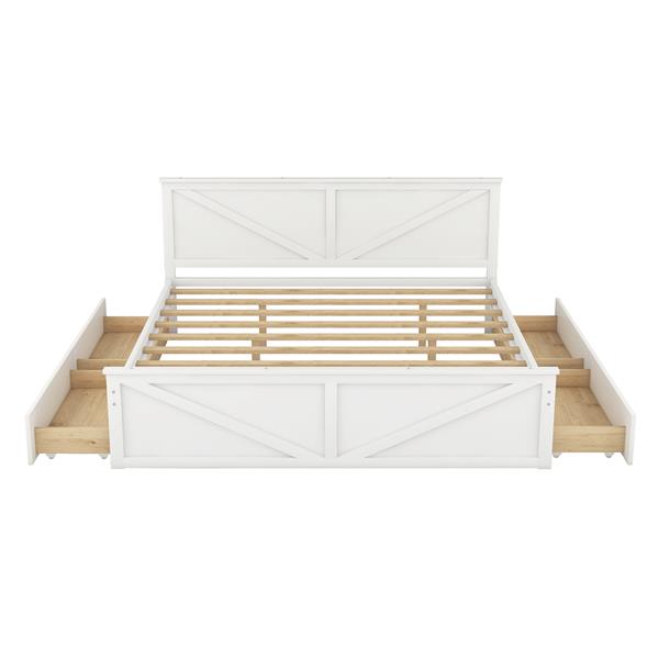 King Size Wooden Platform Bed with Four Storage Drawers and Support Legs, White