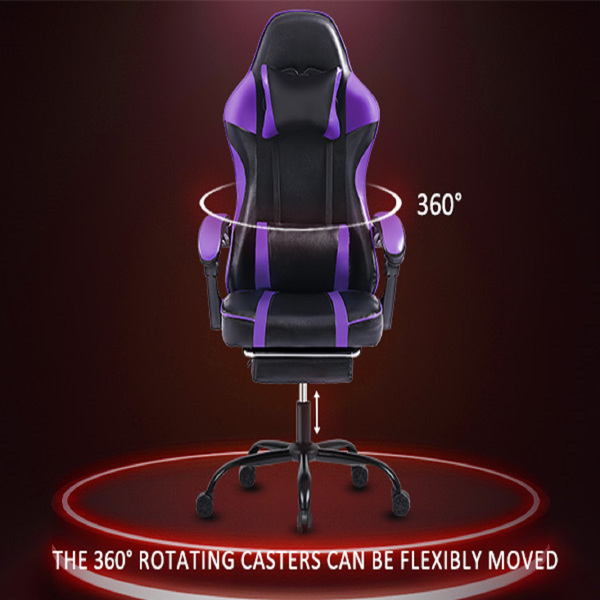 Video Game Chairs for Adults, PU Leather Gaming Chair with Footrest, 360°Swivel Adjustable Lumbar Pillow Gamer Chair, Comfortable Computer Chair for Heavy People, Purple