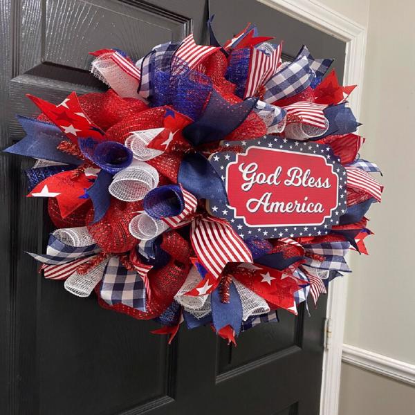 July 4th Wreath Patriotic American Wreath God Bless America, Red White Blue Flower Front Door Wreath, Memorial Day Independence Day, 4Pcs 