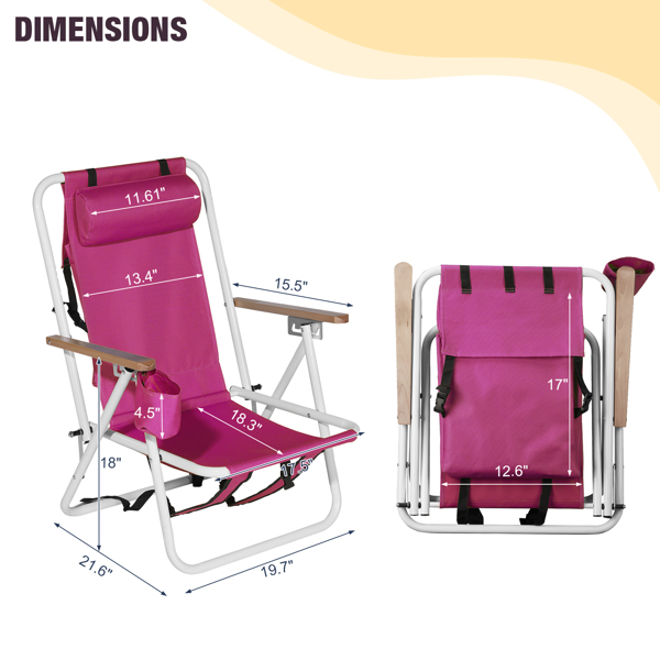 Folding Beach Chair, 4 Position Portable Backpack Foldable Camping Chair with Headrest Cup Holder and Wooden Armrests, Pink