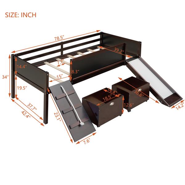 Twin size Loft Bed Wood Bed with Two Storage Boxes - Espresso