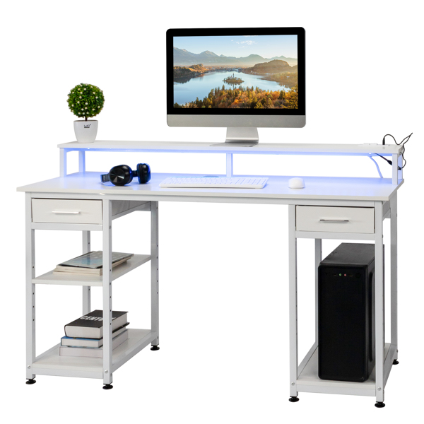 White wood grain particle board with non-woven fabric drawer 140*50*86cm multi-layer shelf computer desk with 2 USB power sockets and 2 power interface