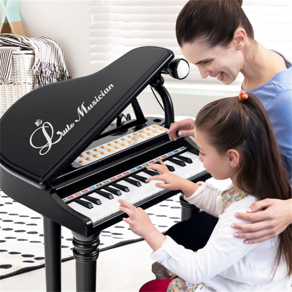 Black Kids Piano 31 Keys Kids Piano Keyboard with Stool and Piano Lid