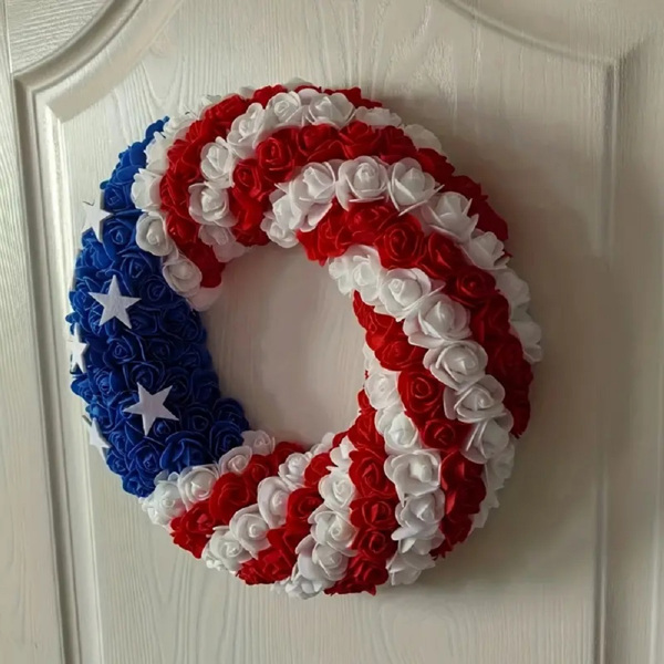 13Inch Patriotic Roses Wreath, 4th of July Summer Soft Touch Foam Roses Wreath for The Front Door, Memorial Day Artificial Flowers Wreath for Indoor and outdoor, 2Pcs