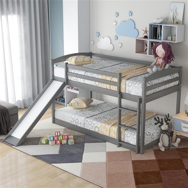 Twin over Twin Bunk Bed with Convertible Slide and Ladder , Gray