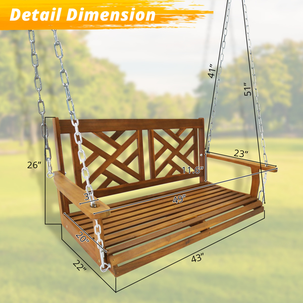 Acacia Wood Patio Porch Swing for Courtyard & Garden, Heavy Duty Swing Chair Bench with Hanging Chains for Outdoors (4FT, Natural) （WITHOUT FRAME）