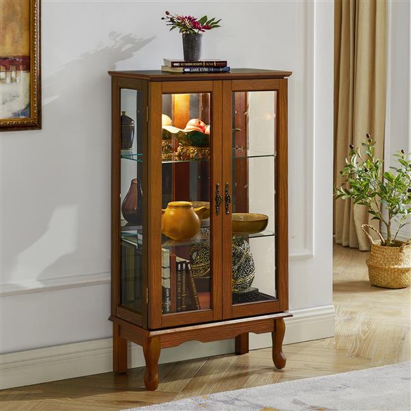 Curio Cabinet Lighted Curio Diapaly Cabinet with Adjustable Shelves and Mirrored Back Panel, Tempered Glass Doors (Oak, 3 Tier), (E26 light bulb not included)