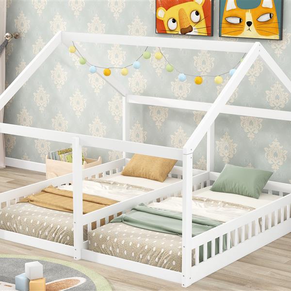 Twin Size House Platform Beds,Two Shared Beds, White