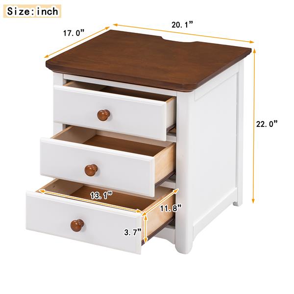 Wooden Nightstand with USB Charging Ports and Three Drawers,End Table for Bedroom,White+Walnut