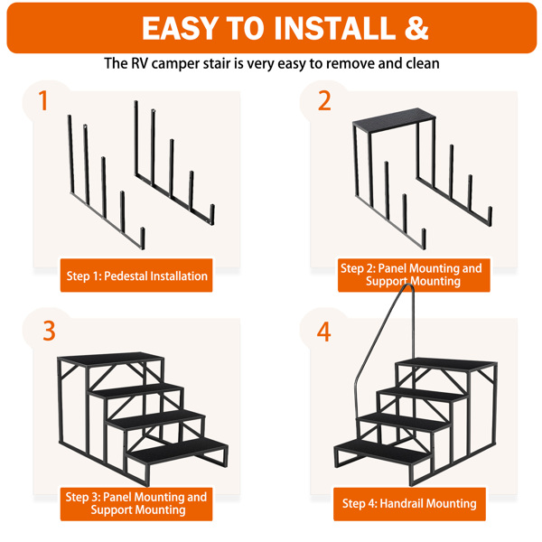 4-Step Ladder with Handle, 4-Step Ladder for Camper Pool Non-slip, Steel Safety Ladder for Camping Car max 300 kg, Step Ladder for Mobile Home Porch						 						 						 						 						