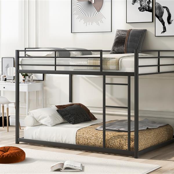 Full over Full Metal Bunk Bed, Low Bunk Bed with Ladder, Black