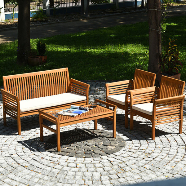 4-piece patio furniture set Outdoor Acacia wood sofa furniture with cushion white