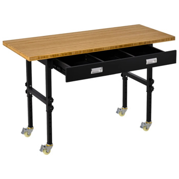   59\\" Garage Work Bench with Drawer and Wheels, Height Adjustable Legs, Bamboo Tabletop Workstation Tool Table 