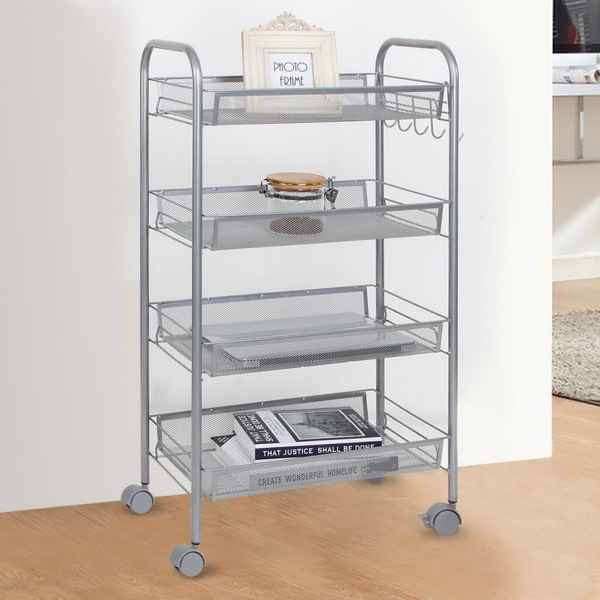 Honeycomb Mesh Style Four Layers Removable Storage Cart Silver