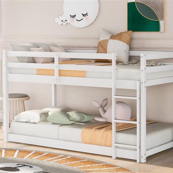 Twin over Twin Floor Bunk Bed with Ladder , White