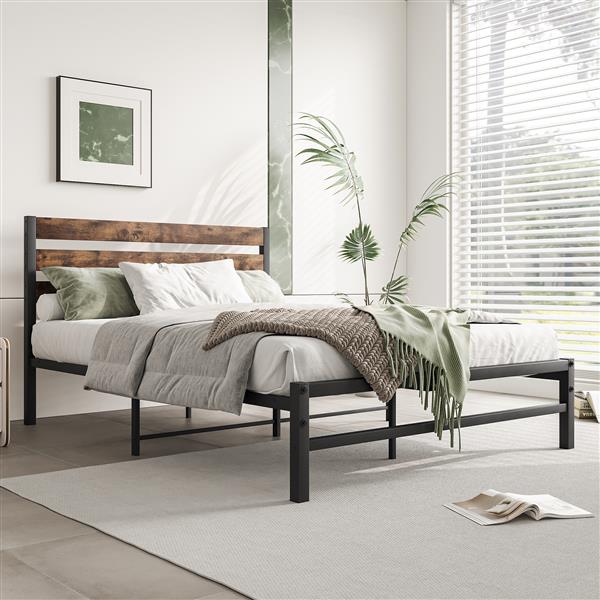 Full Size Platform Bed Frame with Rustic Vintage Wood Headboard, Strong Metal Slats Support Mattress Foundation, No Box Spring Needed Rustic Brown