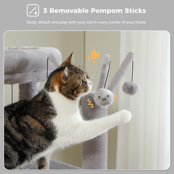 59" Cat Tree,Cat Tower for Large Cats,Multi-Level Cat Tower with 3 Removable Pompom Sticks,Cat Condo with Large Hammock,Scratching Post,and 2 Perches,Grey(Banned shein,unable to ship on weekends)