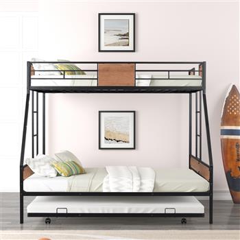 Metal Twin over Full Bunk Bed with Trundle/ Heavy-duty Sturdy Metal/ Noise Reduced/ Safety Guardrail/ Wooden Decoration/ Convenient Trundle / Bunk Bed for Three/ CPC Certified/ No Box Spring Needed