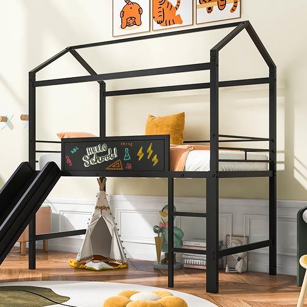 Metal House Bed With Slide, Twin Size Metal Loft Bed with Two-sided writable Wooden Board (Black )