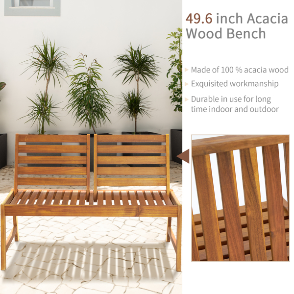 Acacia Wood Outdoor Patio Bench with Adjustable Backrest, 2-Person Park Bench Garden Bench Front Porch Bench for Yard Lawn Decor Deck, Natural Wood Color