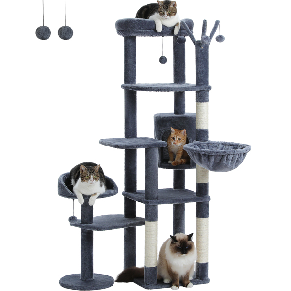 59" Cat Tree,Cat Tower for Large Cats,Multi-Level Cat Tower with 3 Removable Pompom Sticks,Cat Condo with Large Hammock,Scratching Post,and 2 Perches,Deep Grey(Banned shein,unable to ship on weekends)